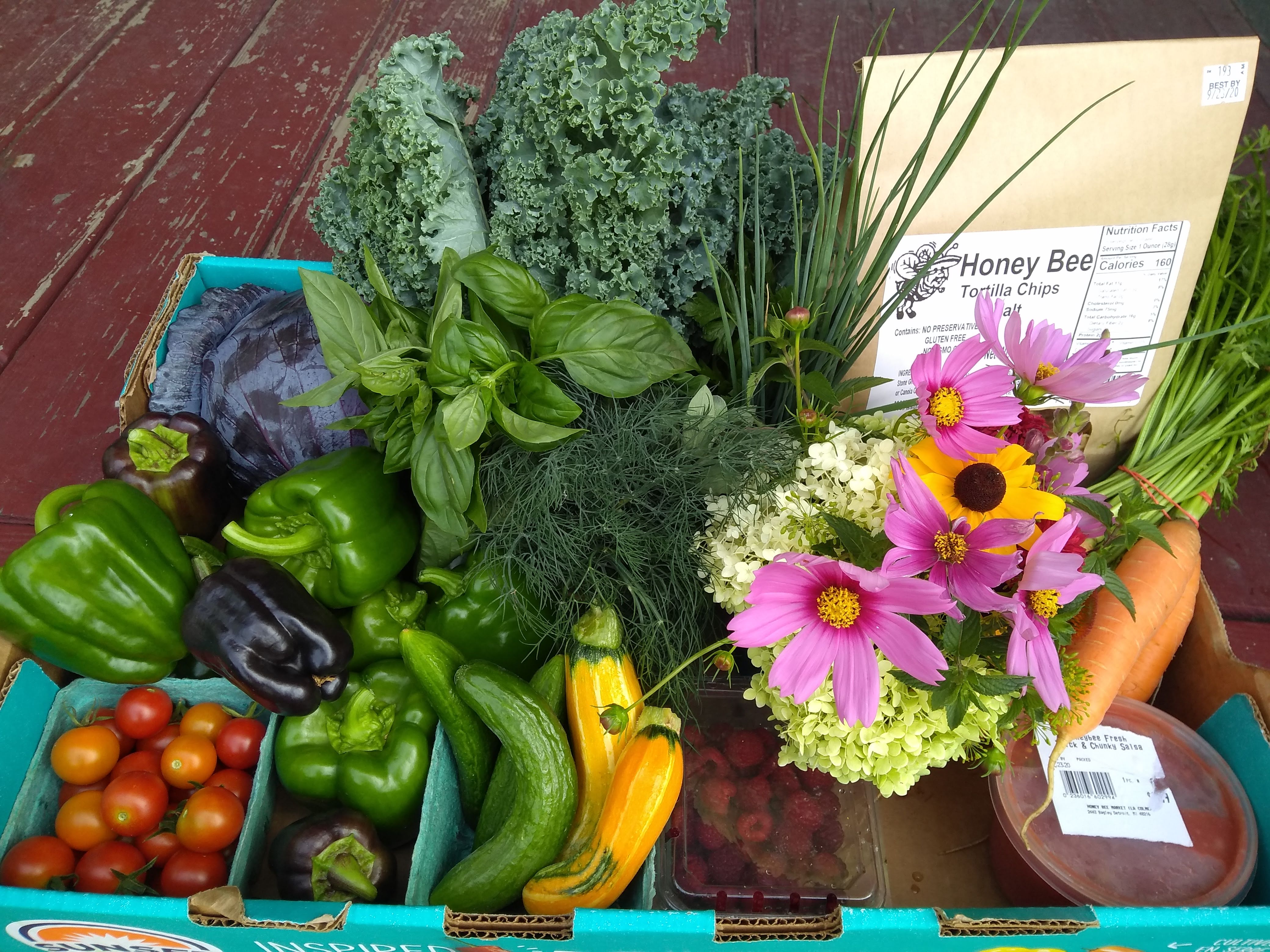 CSA box containing fresh fruits and vegetables for early care and education providers.